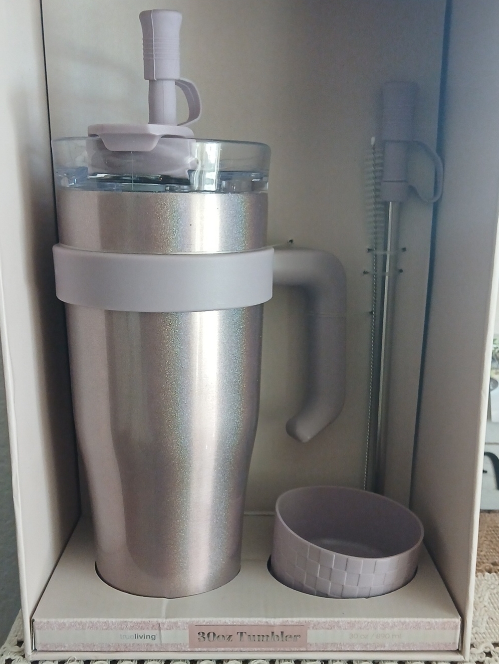 30oz Metallic Silver Travel Tumbler with Light Gray Handle and Straw